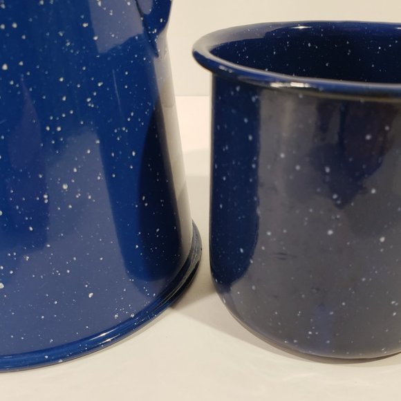 Blue & White, Navy Trimmed Speckled Coffee Pot Enamel Ware with One Cup - Picture 7 of 7